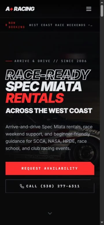 A+ Racing website on mobile