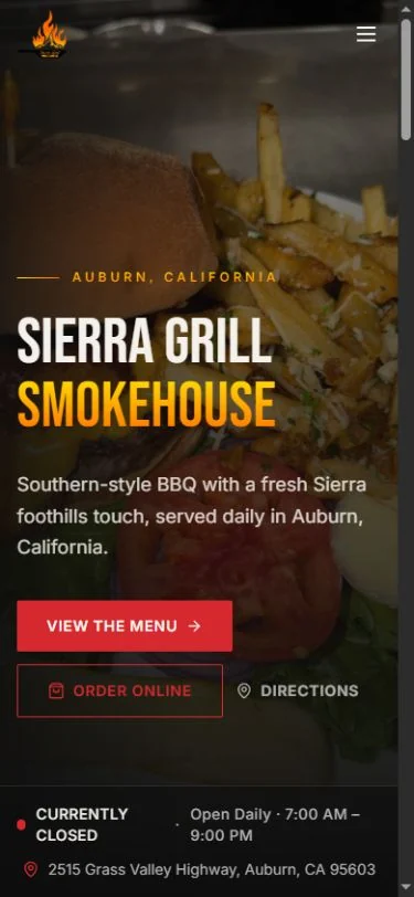 Sierra Grill Smokehouse website on mobile